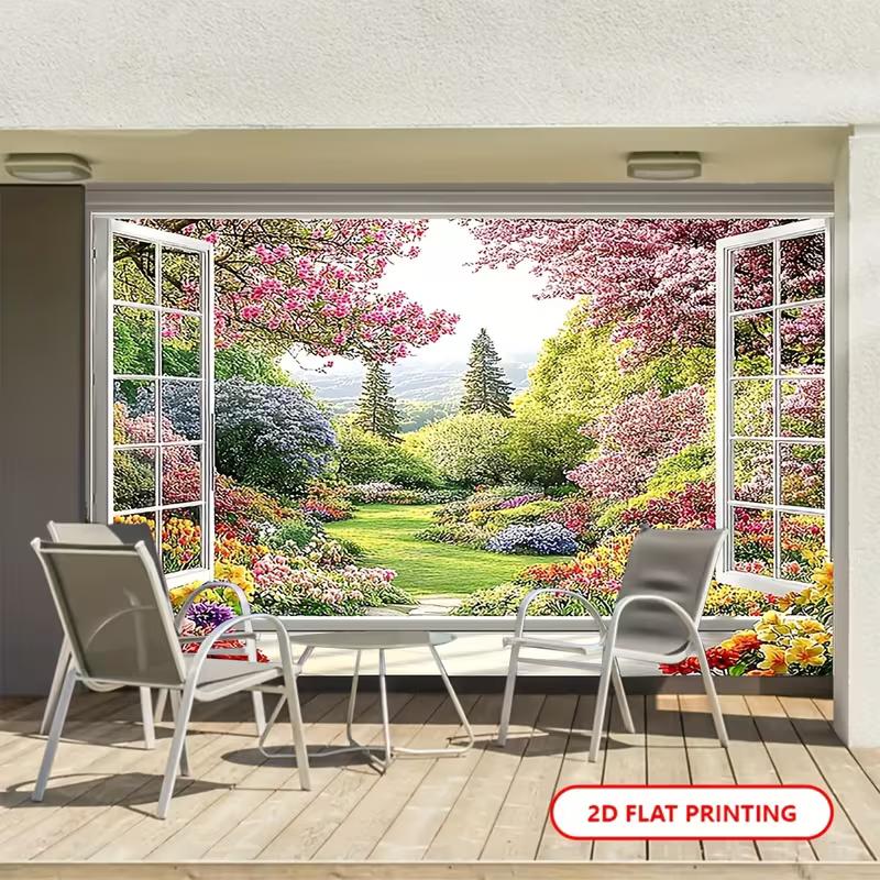 2D Beautiful Garden View Through White Window Photography Backdrop