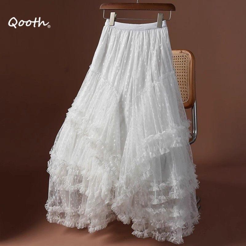 Qooth Plus Size Tulle Maxi Skirt Asymmetric Full Flare Tiered Skirt QT2731