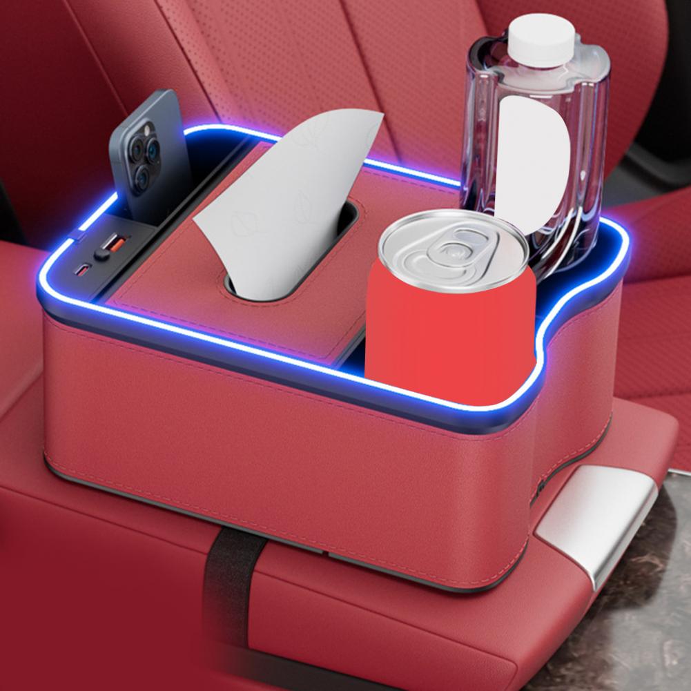 Car Console Storage Box Car Armrest Storage Box with Charging Ports Multi-mode Led Lights Design for Capacity Auto Console