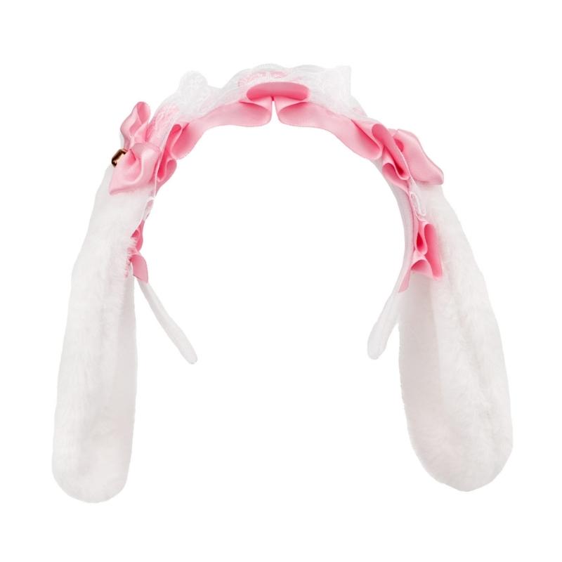 Lovely Rabbits Ear Hairband Anime Costume Hairband for Women Girl Party Headwrap 2000s Lace Bowtie Halloween Theme Headwear