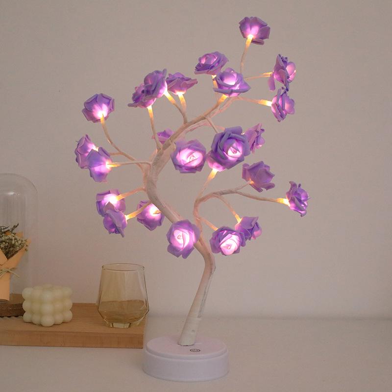 Romantic LED Rose Flower Night Light - USB & Battery Powered Colorful Decorative Tree Branch Desk Lamp.