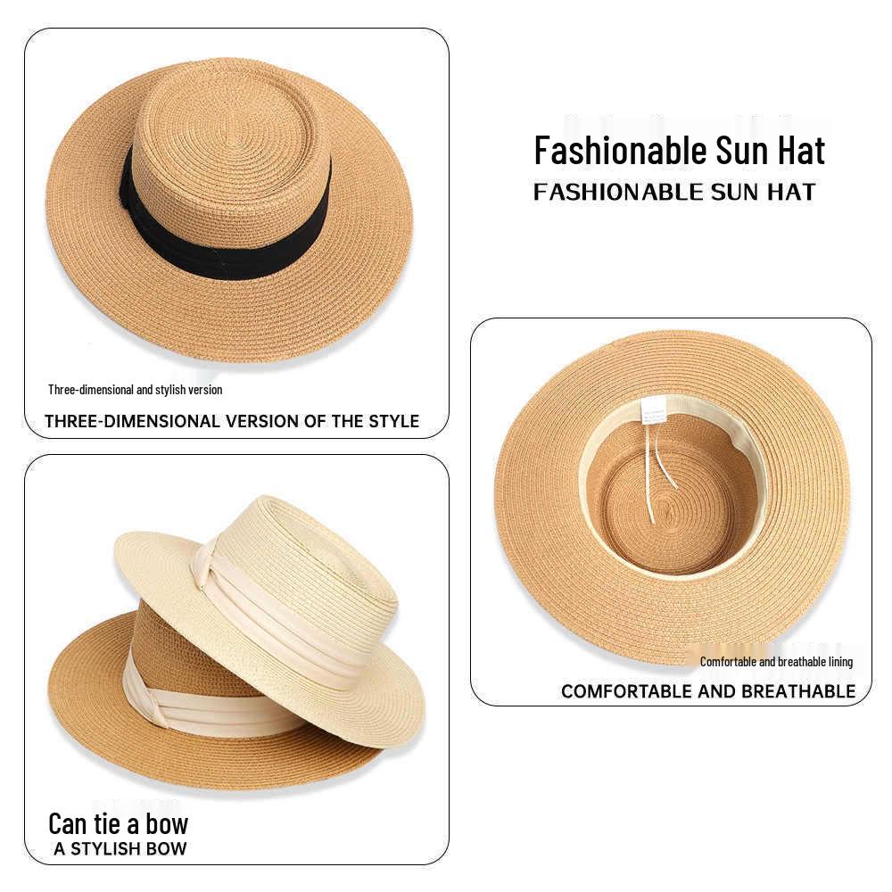 Women's French Summer Straw Hat, Large Brim, Ribbon, Flat Top, Outdoor Travel Sun Protection
