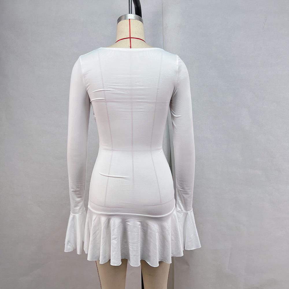 Women's 2024 Autumn/Winter Solid Color Low Neck Long Sleeve Ruffle Dress