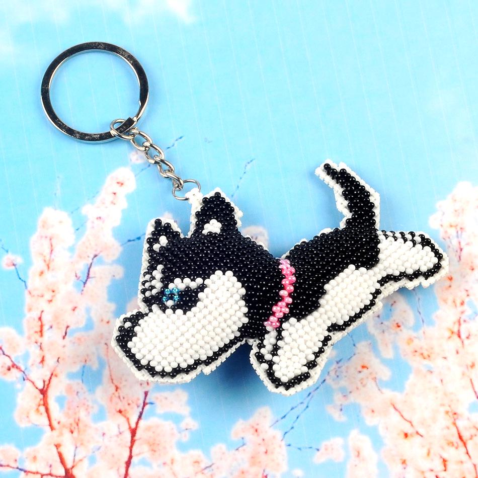 Beaded Keyring Car Ornament: Small Grid Cross-stitch Backpack Puppy Husky Pendant