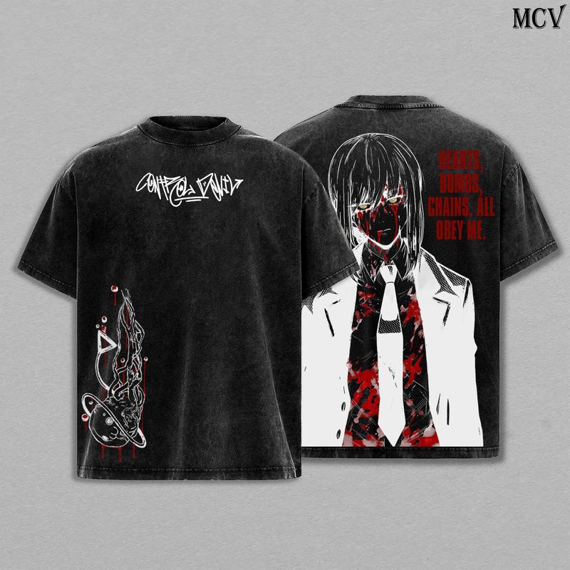 Washed Chainsaw Man Reze Anime T-Shirt For Men Clothing Hot Manga Print Vintage Oversized T-shirt Harajuku Y2k Cotton Streetwear Female Male Clothing