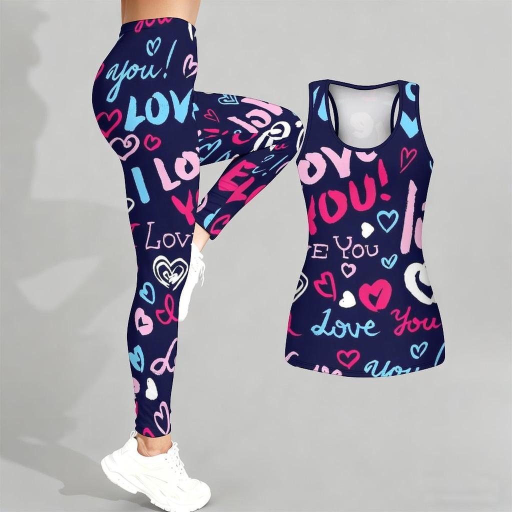 Heart Shaped Pattern Print Yoga Outfit for Women Fashion Workout Leggings Fitness Sports Casual Yoga Set Sports Suit Valentine's Day Exclusive