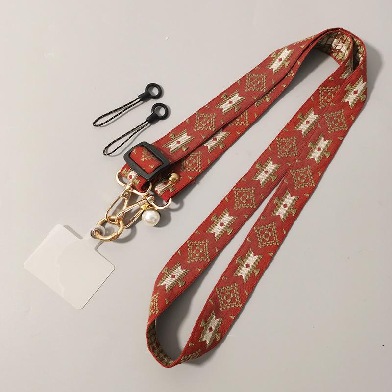 Mobile phone lanyard Long crossbody with shoulder back Ethnic style pearl pendant Retro pattern Adjustable neck wide cloth belt