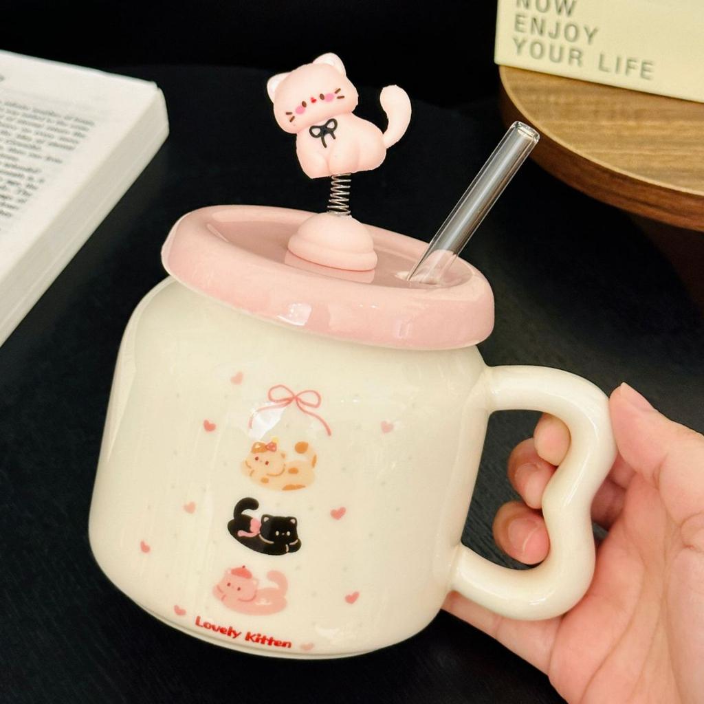 Creative Design Spring Kitten Ceramic Mug with Lid Cute Household Milk Oatmeal Cup Cartoon Cup Souvenir