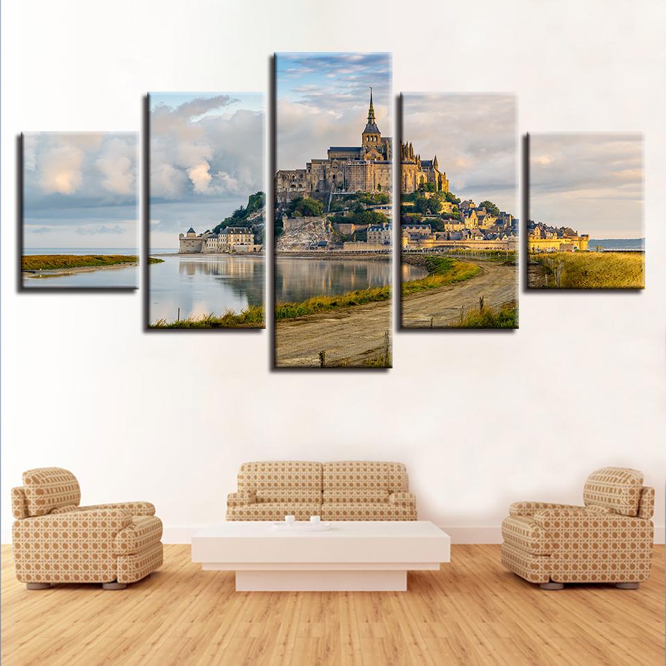 5 Panel Castle Building Canvas Framework Wall Art Poster Home Decoration Modern Living Room HD Print Painting Modular Pictures