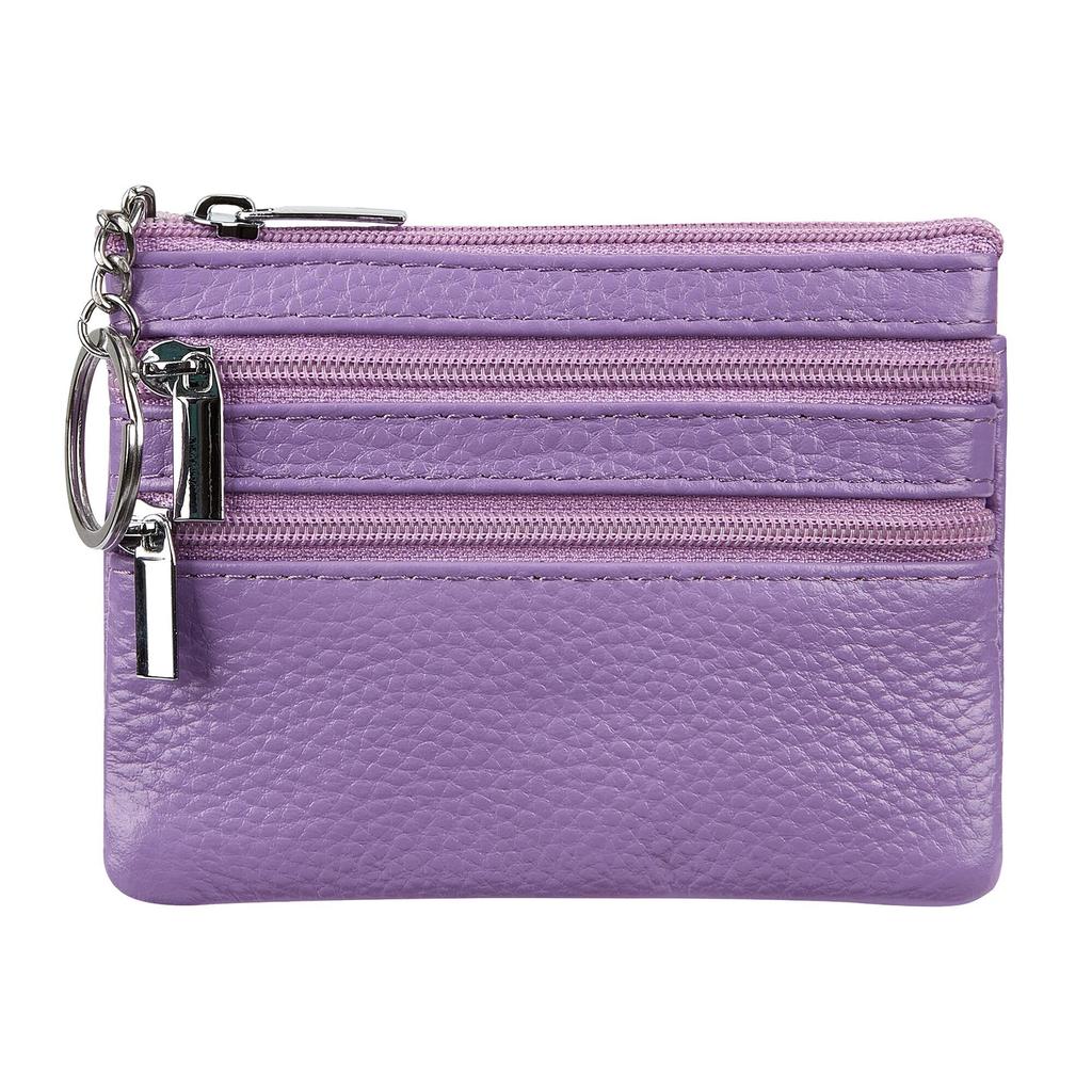 Women's Genuine Leather Coin Purse Mini Pouch Change Wallet with Keychain NEW Three Zipper Fashion Multicolor