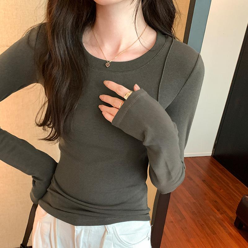 Black Slimming Fishbone Top for Women In Autumn and Winter New Warm Bottoming Tight Round Neck Long-sleeved T-shirt