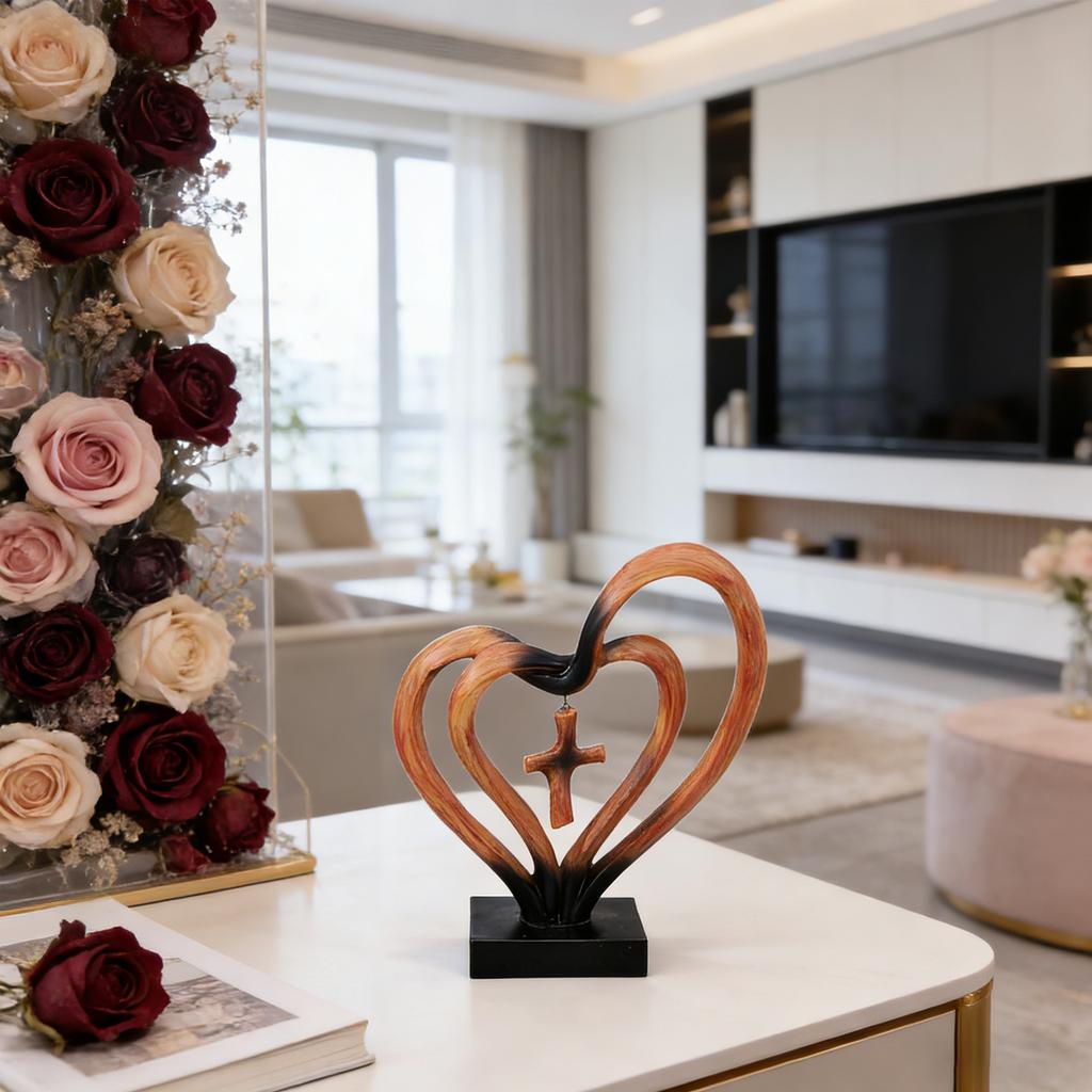 Resin-woven Heart And Cross Wedding Sculpture