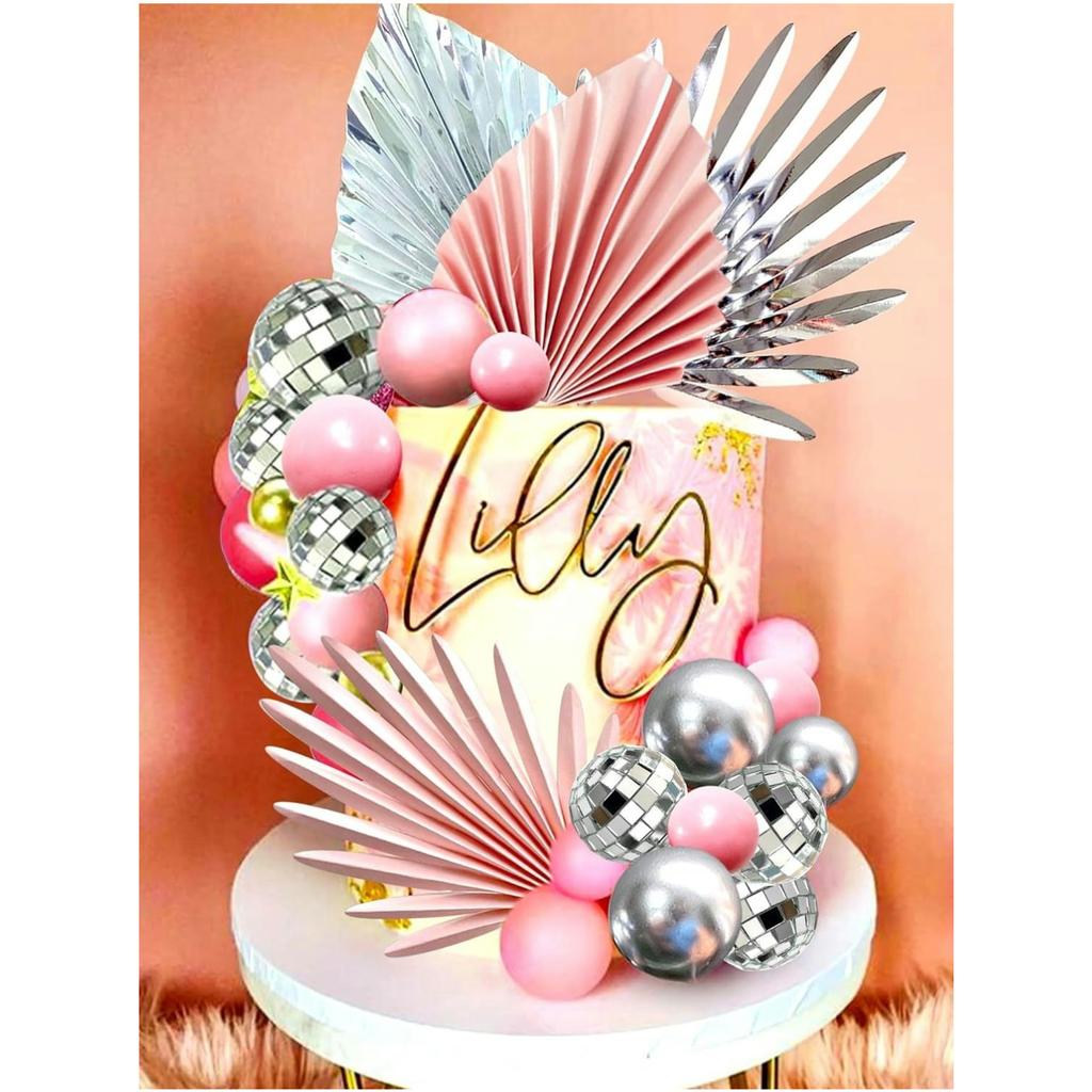 Pink Sliver Disco Balls Cake Decoration Palm Leaves Cake Decoration Stars Cake Decoration 70s Disco Bachelorette Party Supplies