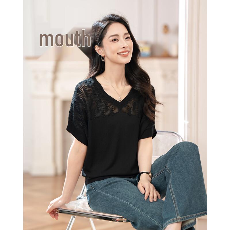 TERRE BLEUE Women s V-Neck Knit Short Sleeve T-Shirt F