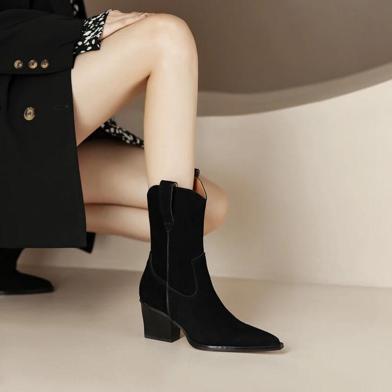 Fashion NEW Autumn Women Boots Sheep Suede Shoes Women Pointed Toe Chunky Heel Women Boots Winter Short Western Boots Women Cowboy Boots