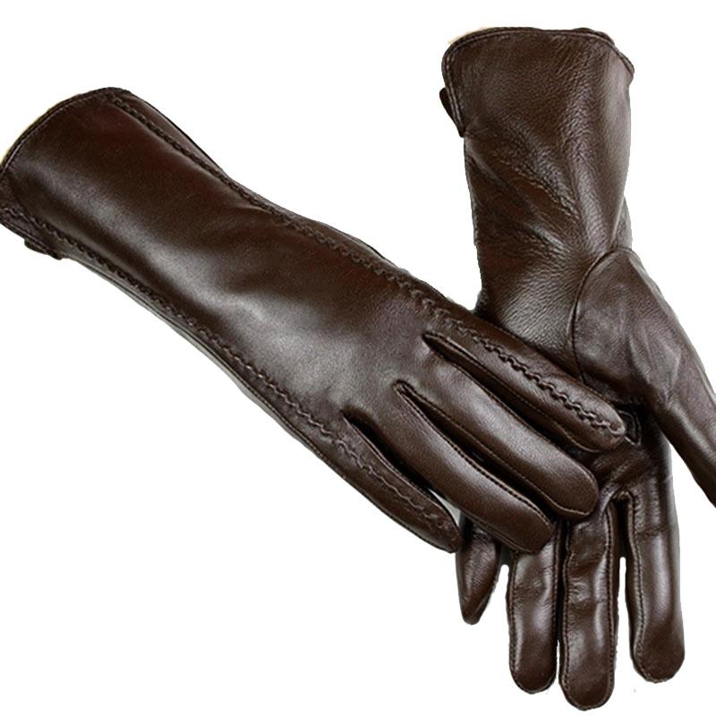Leather Sheepskin Gloves Women's Mid-Length Stripes Plus Velvet Warm Autumn and Winter Windproof Free Shipping