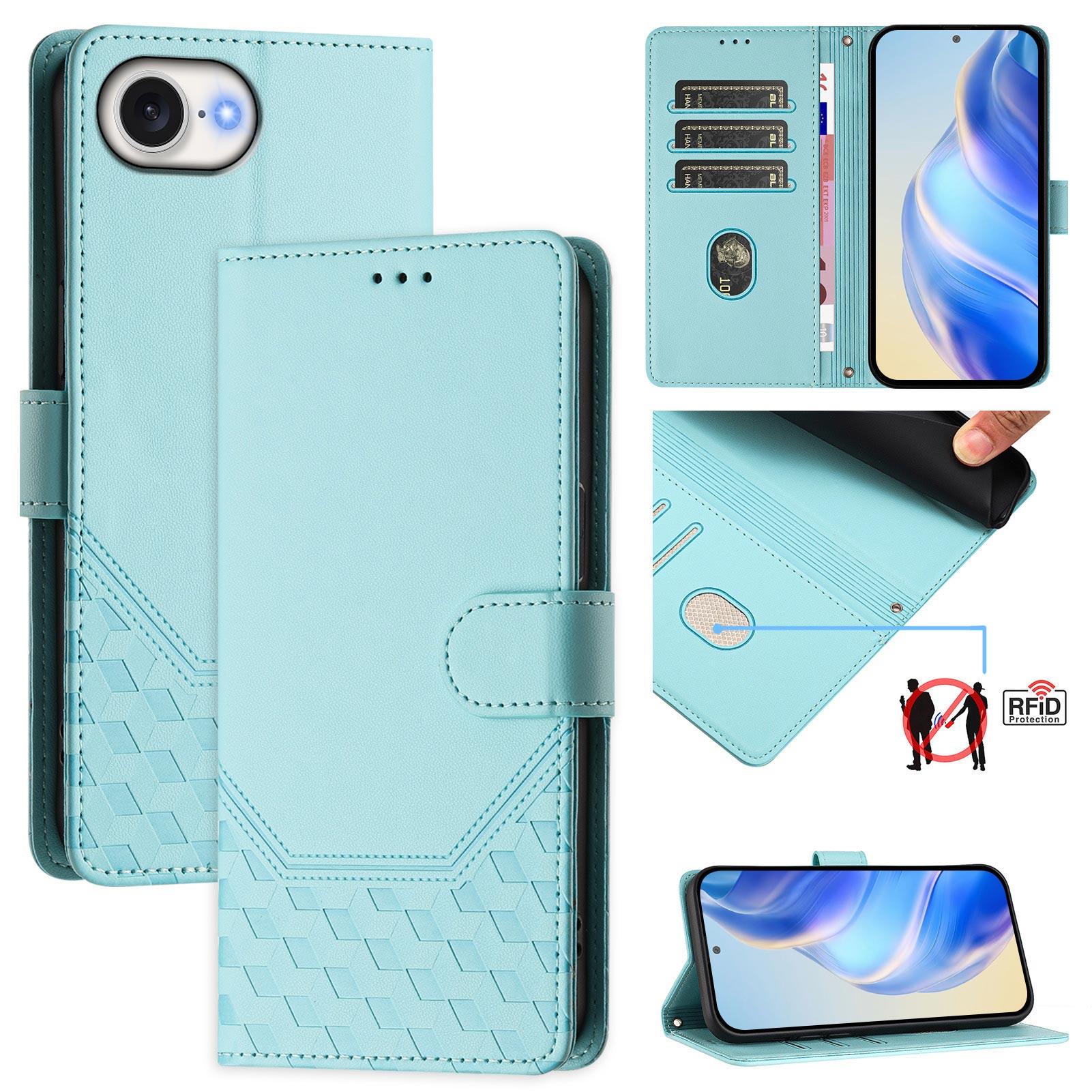 

For iPhone 16e Case Imprinted Honeycomb RFID Blocking Leather Phone Cover with Strap Green