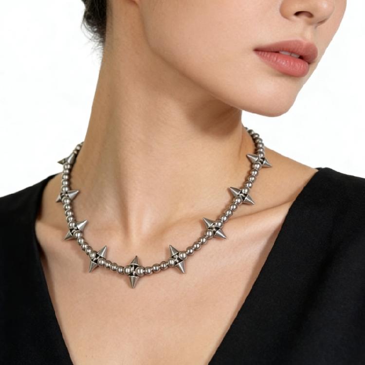 Titanium Steel Spiked Pendant Beads Necklace Featuring Steel Beaded Design for Fade Resistance and Chic Look