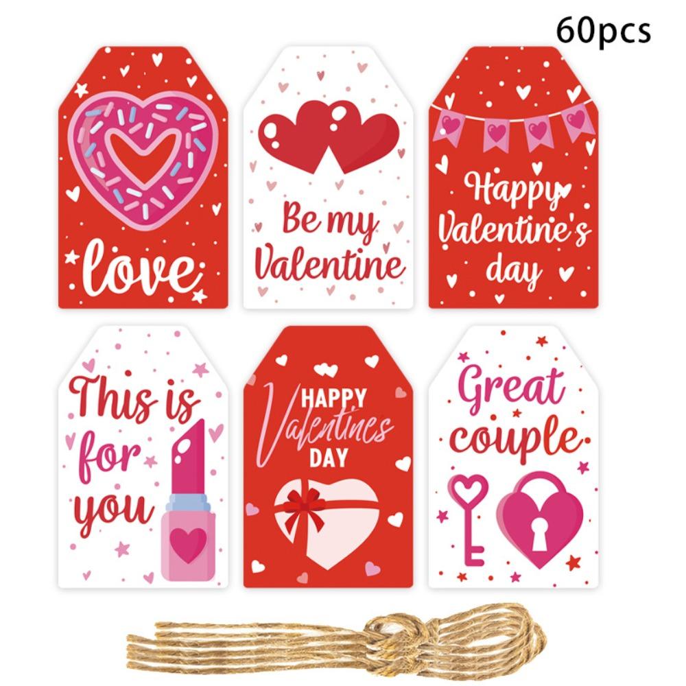 60pcs 6 Styles Valentines Day Gift Tags with String DIY Gift Packaging Labeling Romantic Hanging Party Labels Home Decor