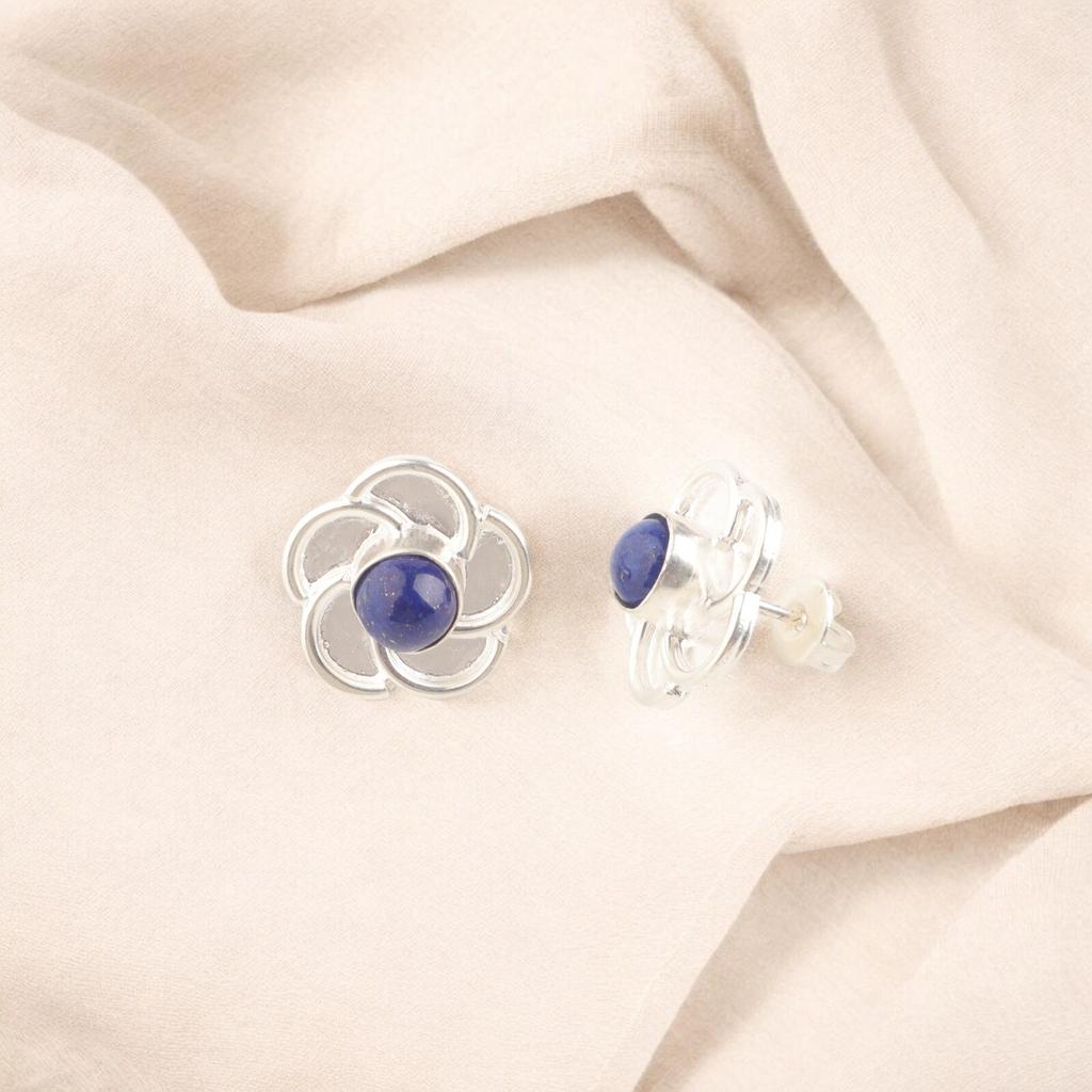 Natural Lapis Lazuli Gemstone 925 Sterling Silver Flower Shape Stud Earrings0.5" EE-157-21