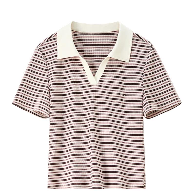 Shandubila Women s Summer Polo Collar Striped T-Shirt L