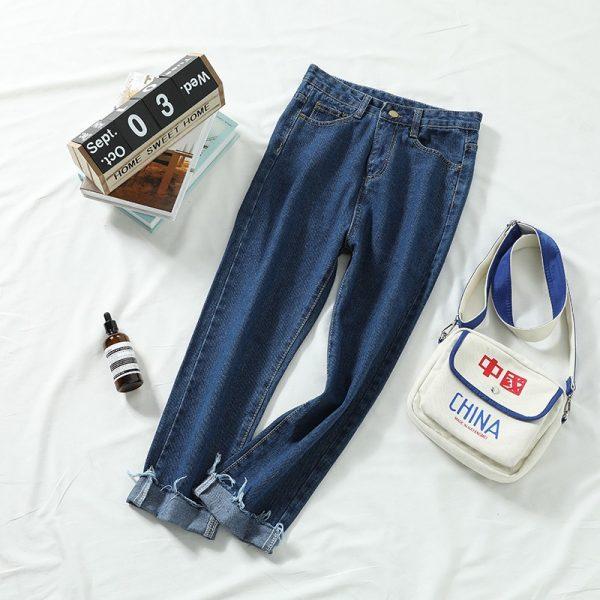 

Весенняя корейская версия Новая корейская версия с высокой талией Брюки с девятью точками Свободные джинсы в стиле Bf Женские брюки XXL