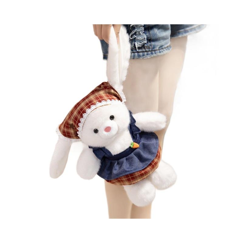 Sweet Sen Mi Dou Rabbit Plush Toy with Bib Apple Outfit Stuffed Bunny Doll for Kids Girls Gift Pink 20cm