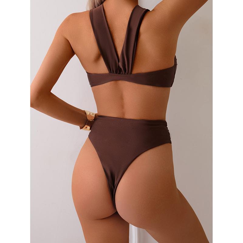Swimsuit Women Sexy Halter Metal Water Droplet Push Up Pleate High Waist Bikini Set Bathing Suit Two Piece Swimwear