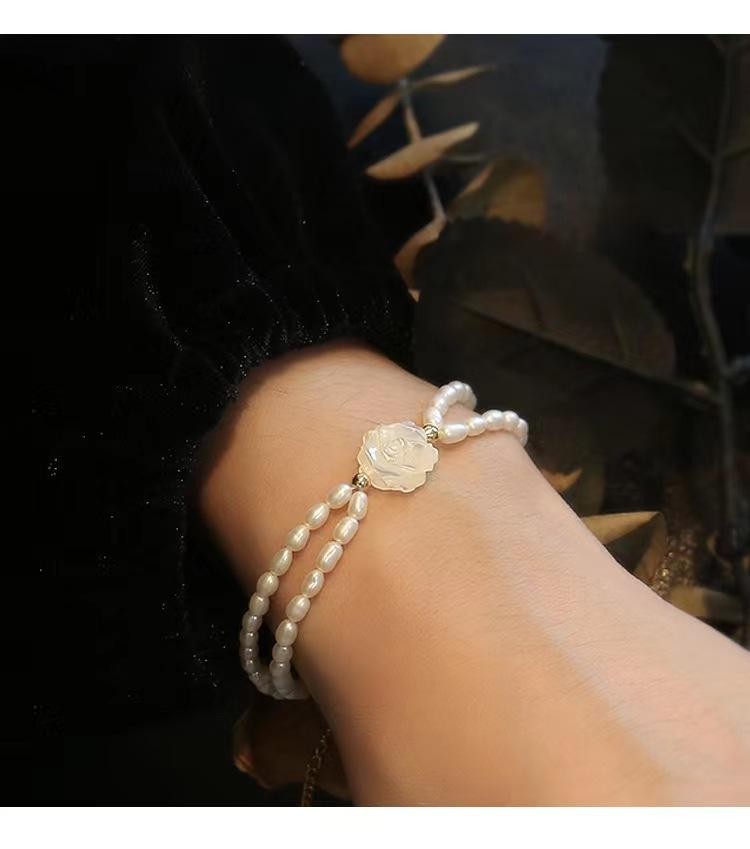 Simple Freshwater Pearl Bracelet Flower White Rose Rice Pearl Bracelet Personalized Versatile Bracelet