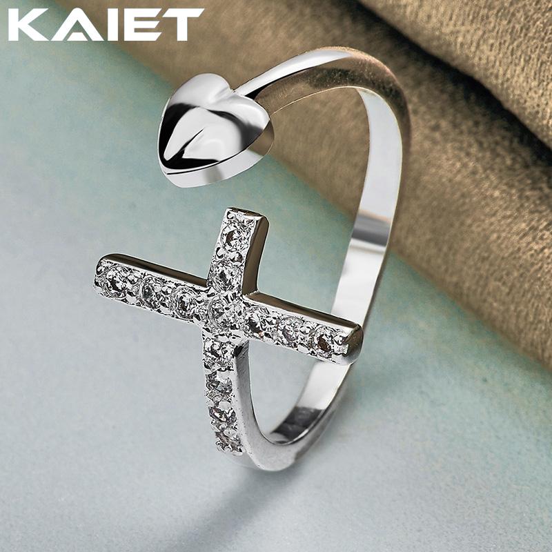 925 Silver Cross Crystal Heart Adjustable Ring For Women Accessories Jewelry