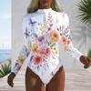 Women Plus Size High Neck Long Sleeve Zipper Floral Print White One Piece Swimsuit