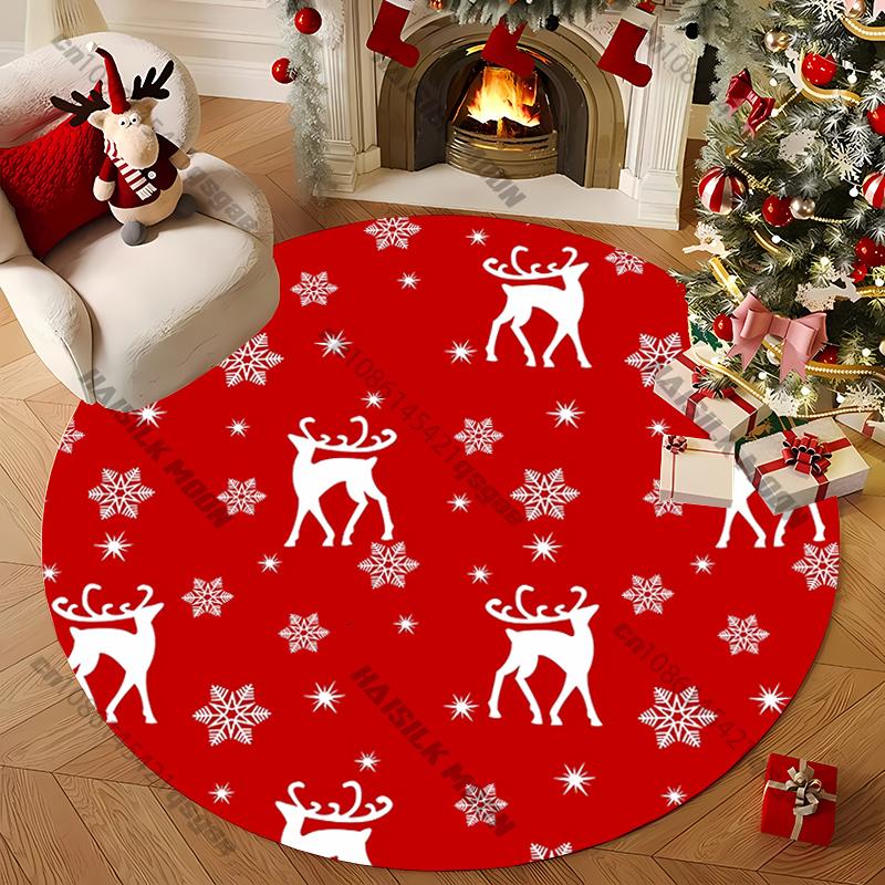 Cute Christmas Deer Round Carpet for Kid's Living Room Picnic, Anti-Slip Rug, Yoga Rug Doormat Floor All Seasons Red Mat Gifts