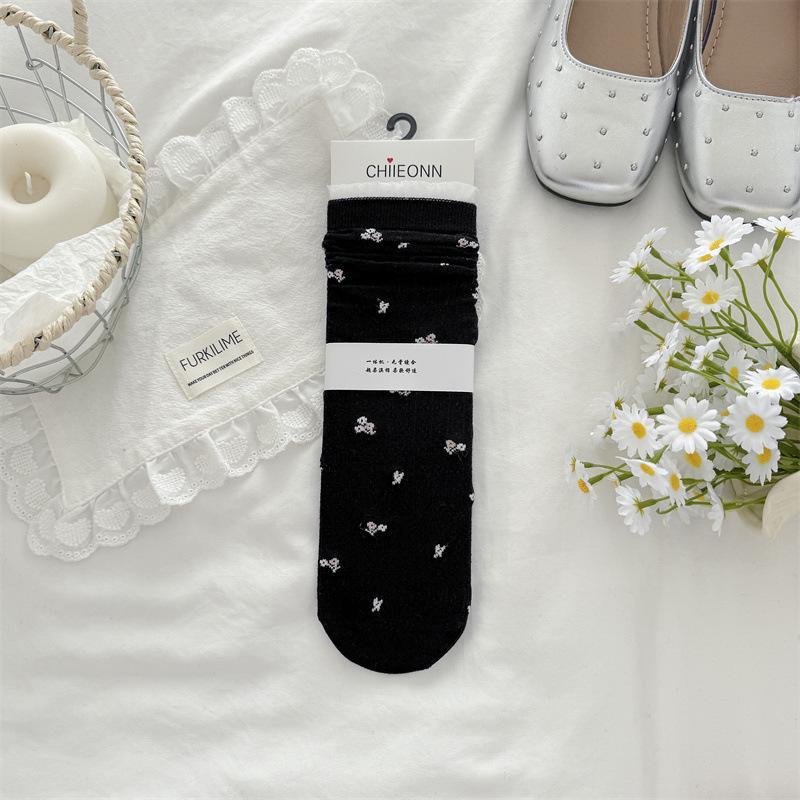Spring-Summer Floral Mid-Calf Lace Socks - Versatile & Thin Women s Design One Size (35-40) чёрный