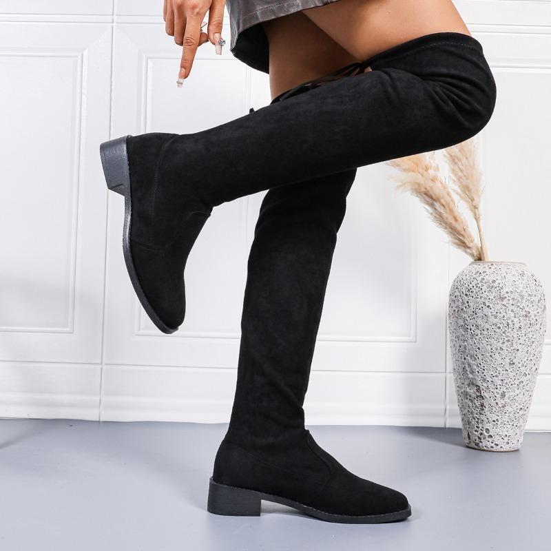 2024 Autumn Zipper Elastic Knee-high Boots for Women Tube Lace-up Thigh Gigh Boots Black Botas Faux Suede Female Heels Mujer