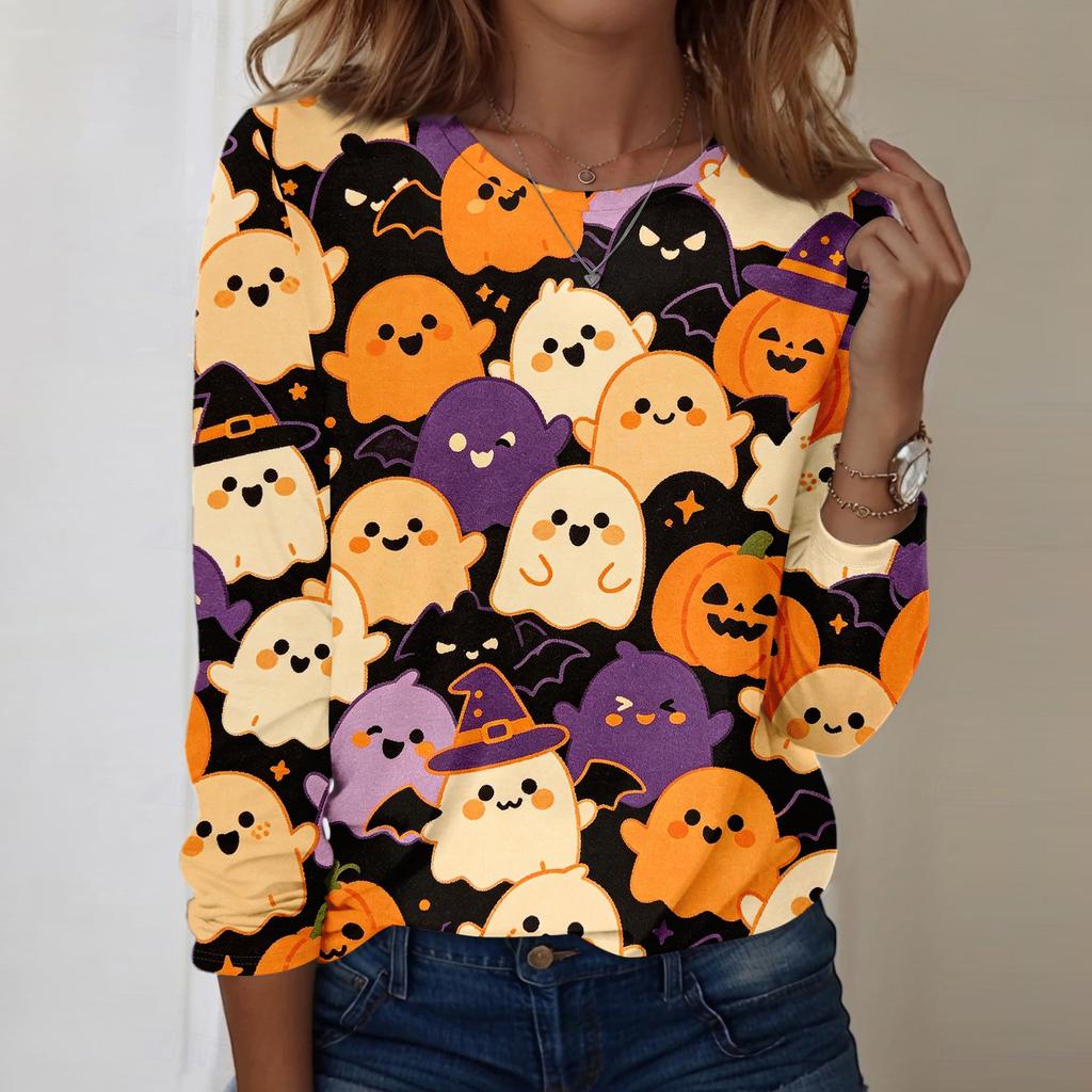 Women's Long Sleeve Casual Pullover Sweatshirt Halloween Printed Crewneck Top Lightweight Comfortable Fit for Everyday Wear