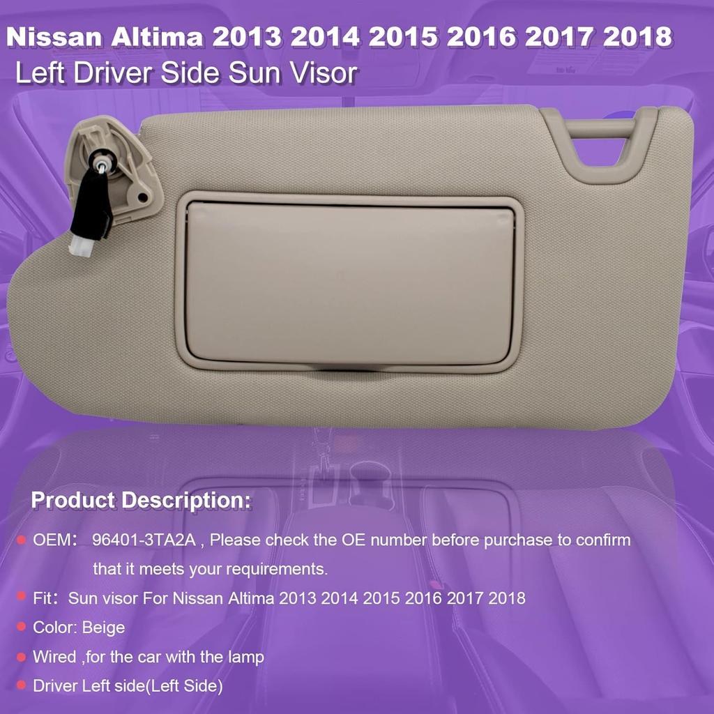 NHILES Left Driver Side Sun Visor Compatible With Nissan Altima 2013 2014 2015 2016 2017 2018 With Light, Without Sunroof 96401-3TA2A Beige