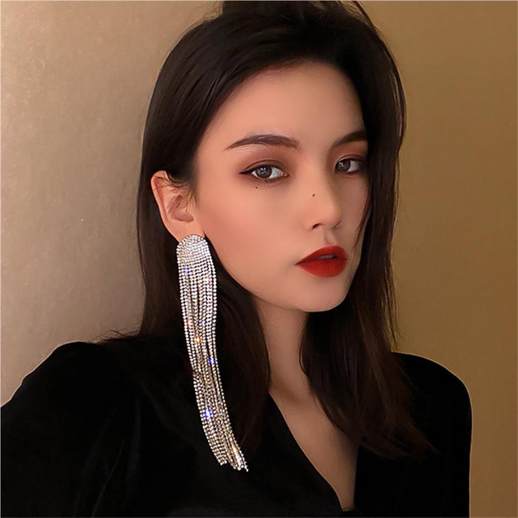 1 Pair Shiny Rhinestone Chandelier Tassel Earrings Long Ear Dangle Earring Geometric Shape Bridal Dangling Fringe Jewelry