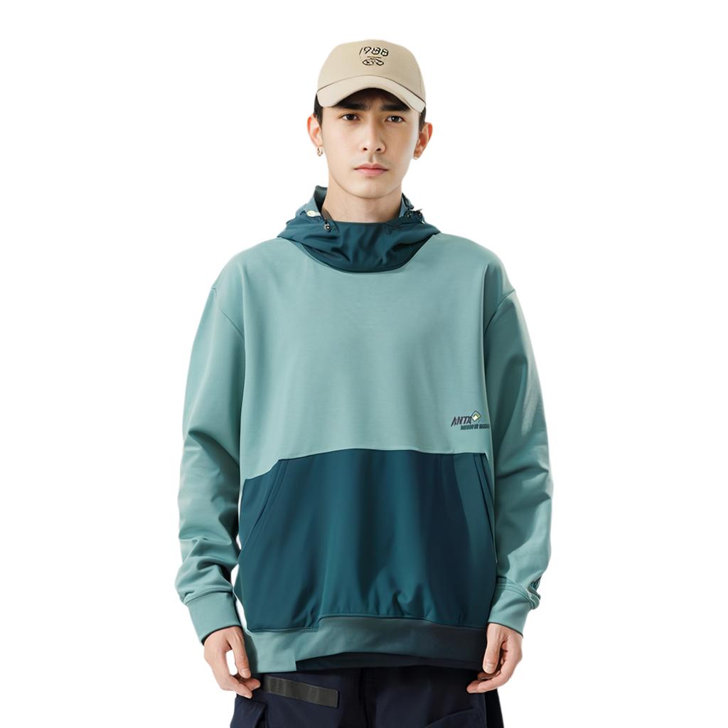 Anta X Robert Geller Color Block Letter Print Hooded Long Sleeve Pullover Sweatshirt Men sweatshirt Moss-Gray-Green 152317756-2