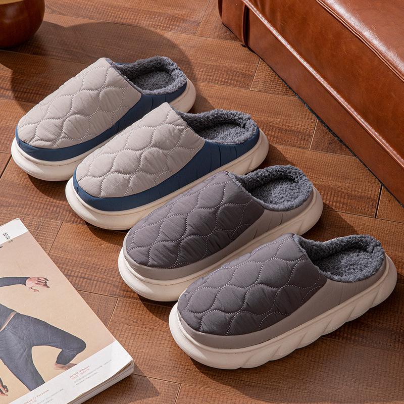 Down cotton slippers men's non-slip warm waterproof cotton drag women's home thick-bottomed wool slippers winter