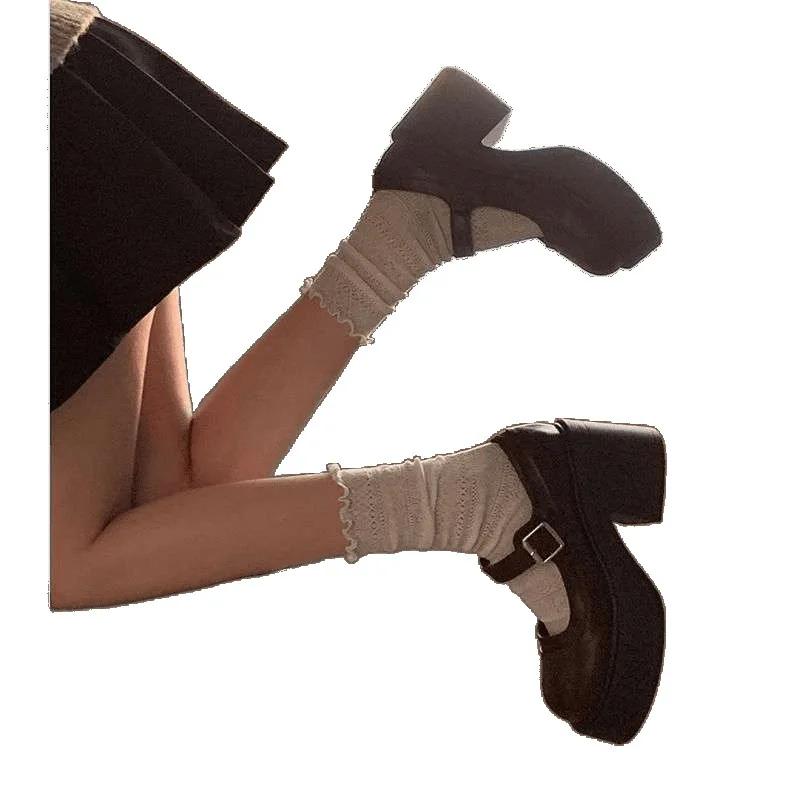 Fashion Thick Bottom  High Heels Women's 2025 Spring Autumn Shallow Ruched Preppy Style Student Shoes Leather Shoes