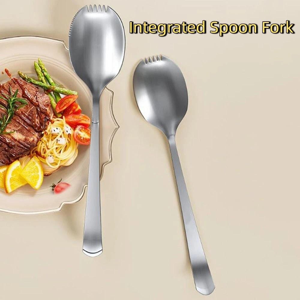 Long Handle Integrated Spoon Fork Stainless Steel Pasta Fork Serving Soup Spoon  Picnic