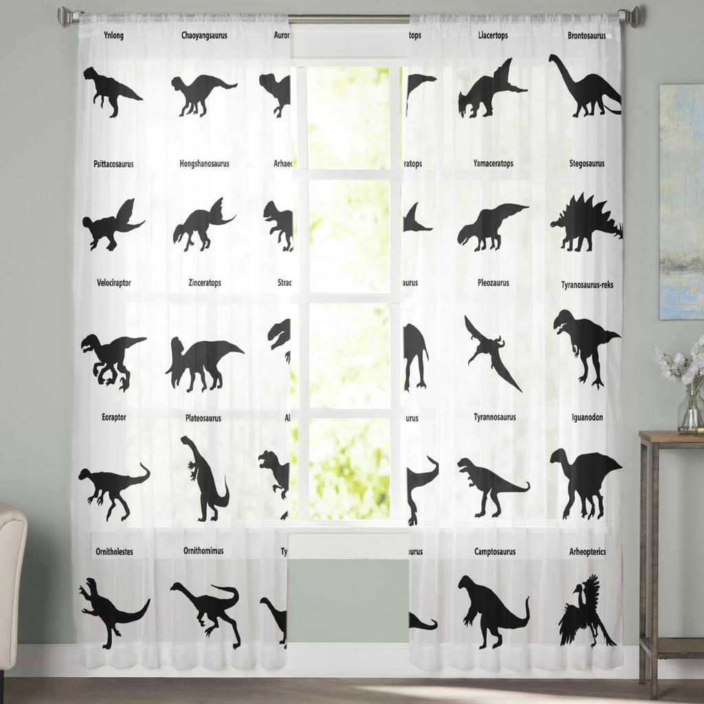 Dinosaur Silhouettes Black White Chiffon Sheer Curtains for Living Room Bedroom Home Decor Window Voile Tulle Curtain Drapes