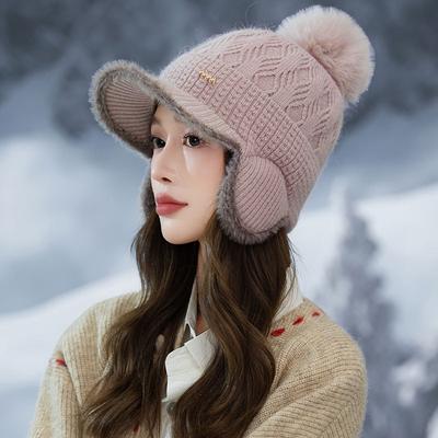 Nouveau Bonnet Tricoté Épaissi en Polaire pour Femme Automne et Hiver Cache-Oreilles Chaud Laine Casquette de Baseball