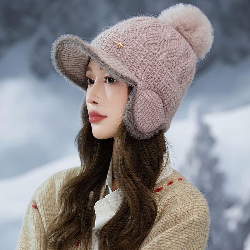 New Fleece Thickened Knitted Cap Women's Autumn and Winter Ear Bag Warm Wool Baseball Cap