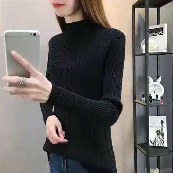 Spring Autumn Half High Neck Solid Color Knitted Jumpers Female Korean Large Size Slim Long-sleeved Sweaters