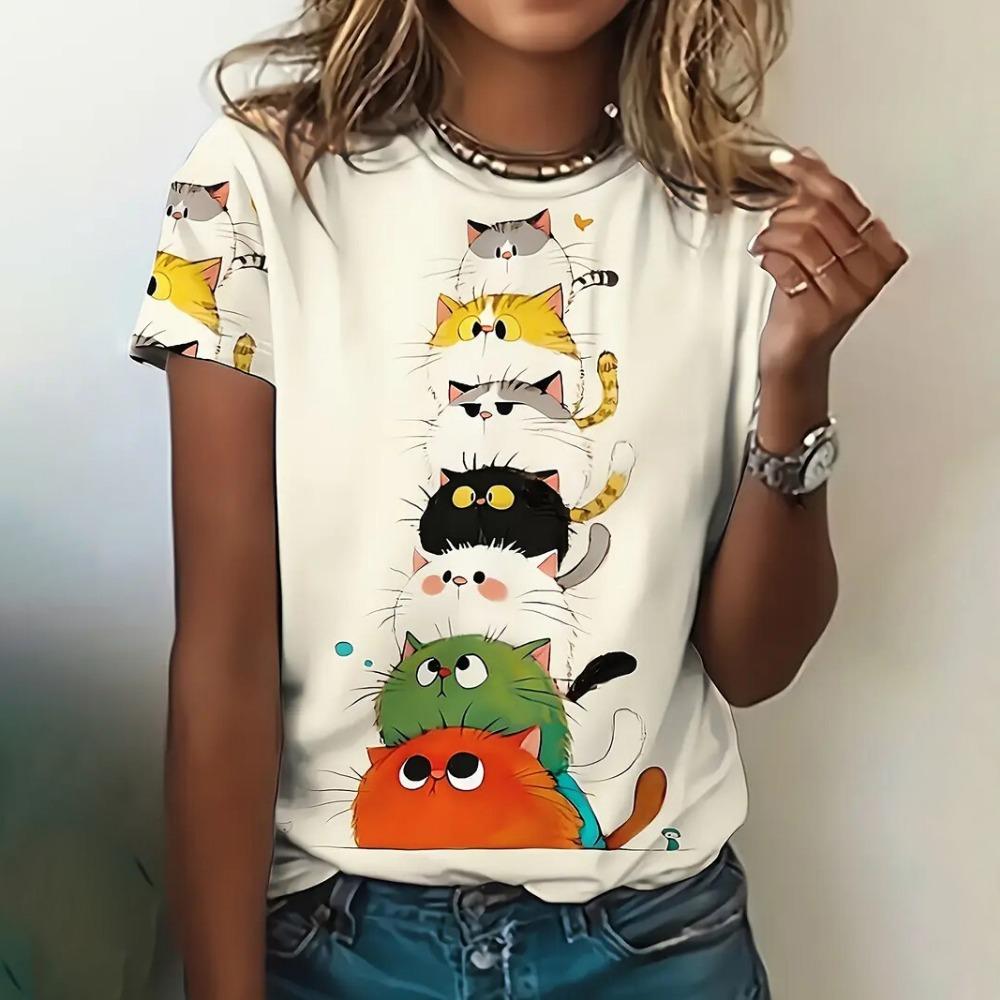 Summer Women's T-Shirts Casual Short Sleeve Crew Neck Tee Fashion Streetwear Female Oversized Clothing Cartoon Cat T-Shirts