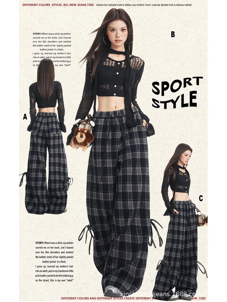 

2025 Autumn/Winter Blue Plaid Wide-Leg Pants with Bow Drawstring Small