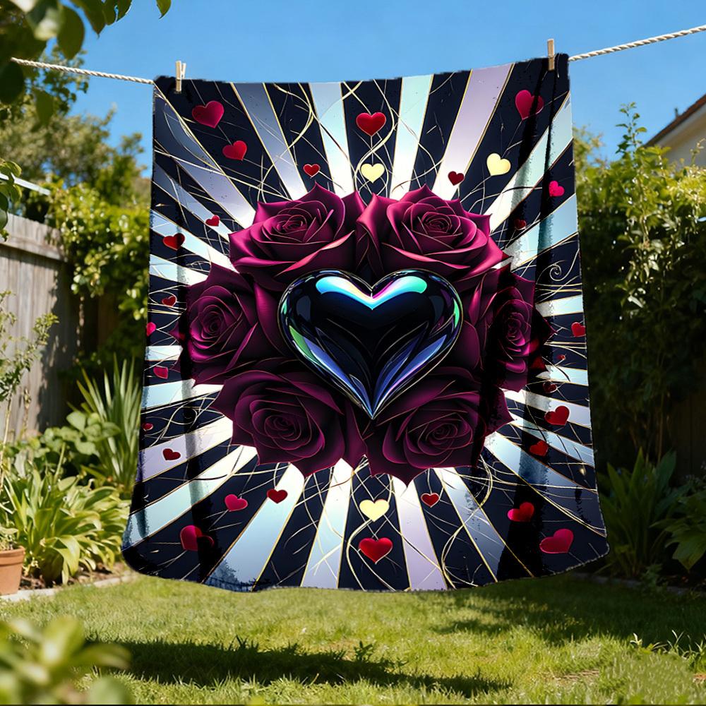 1pc Heart Roses Decorative Print Outdoor Flannel Blanket , Machine Washable Perfect Gift for Birthday , Holiday Travel Accessory , Durable Material