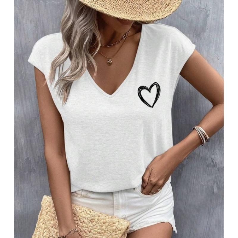 Summer V-neck 3D Love Printed Top Fashionable Casual Short Sleeved Women's T-shirts