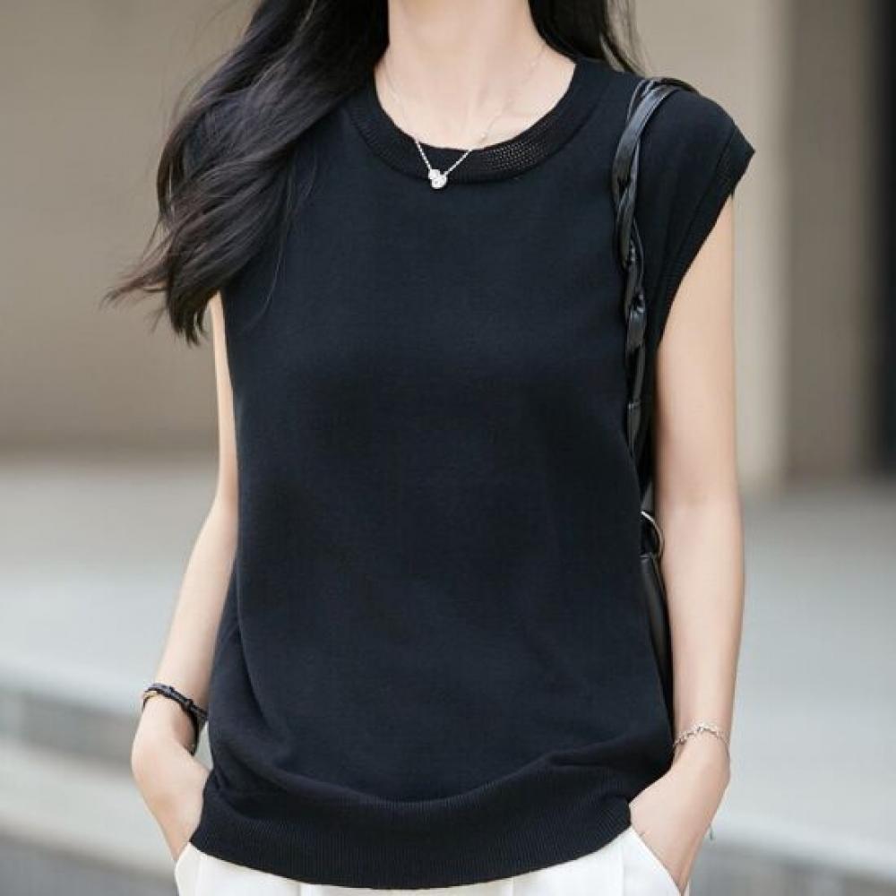 Navava Simple Basic Solid Sleeveless Round Neck Knit Tee Nk3656
